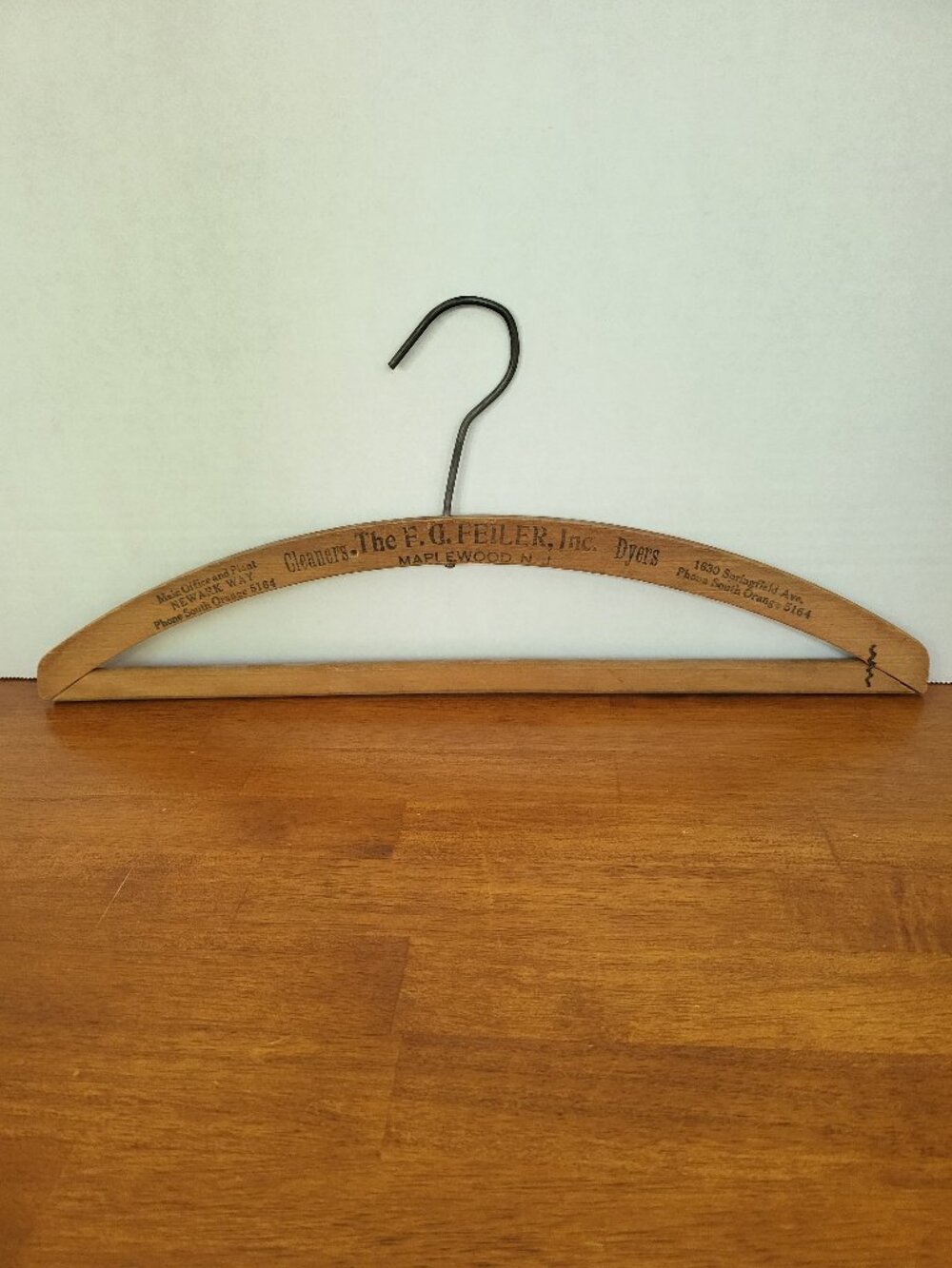 Vintage Wooden Advertising Clothes Hanger The F.G. FEILER, Inc Maplewood NJ T1